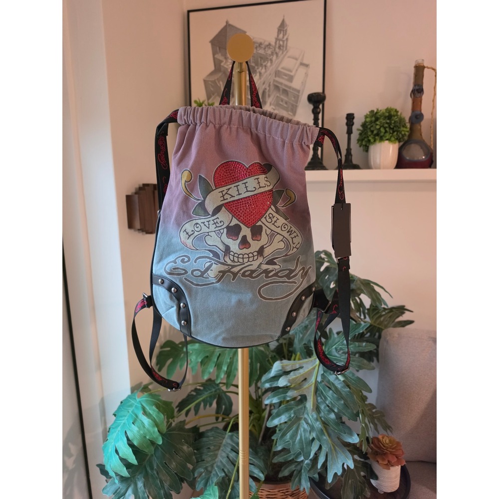Ed Hardy Love Kills Slowly Ombre Denim Drawstring Backpack Rhinestone Skull Bag